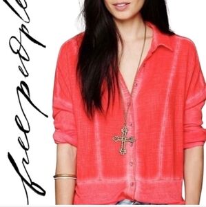 We The Free Zahara Coral Gauzy Button-Up Shirt Large Oversized Boho Chic Casual